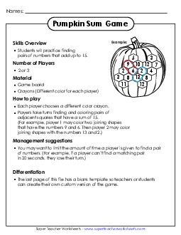 Pumpkin Sum Game Addition Sum Game Worksheet