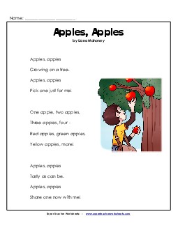 Apples, Apples Poem Reading Comprehension Worksheet