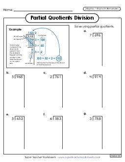 Partial Quotients  3-Digit by 1-Digit Division (with Remainders) Worksheet