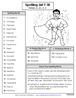 Spelling Word List (F-18) Spelling F Worksheet