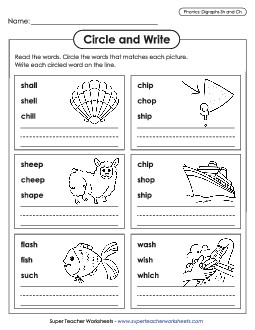 Circle and Write: Ch and Sh Phonics Digraphs Worksheet