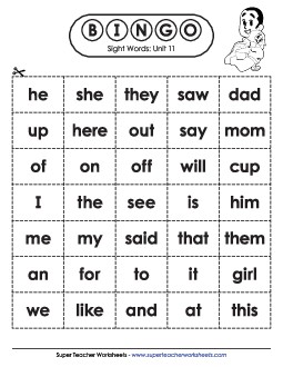 Sight Word Bingo (Unit 11) Sight Words Worksheet