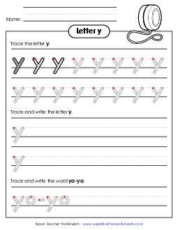 Lowercase y (Outlined Letters) Printing Handwriting Worksheet