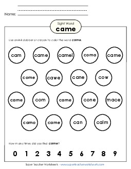 Dab or Color: Came Sight Words Individual Worksheet