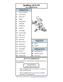 Spelling List D-24 Spelling D Worksheet