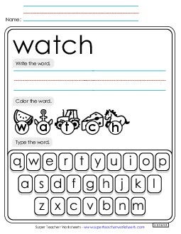 Write, Color, Type: Watch Sight Words Individual Worksheet