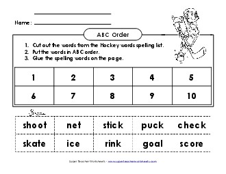 ABC Order: Cut and Glue (A-Hockey Words)  Spelling A Worksheet