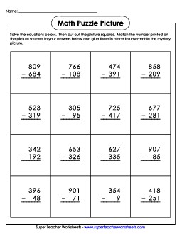 Subtraction Addition: Frankenstein Cut-and-Glue Mystery Puzzle Worksheet