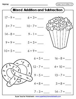 Mixed Basic Facts Within 20 1st Grade Math Worksheet