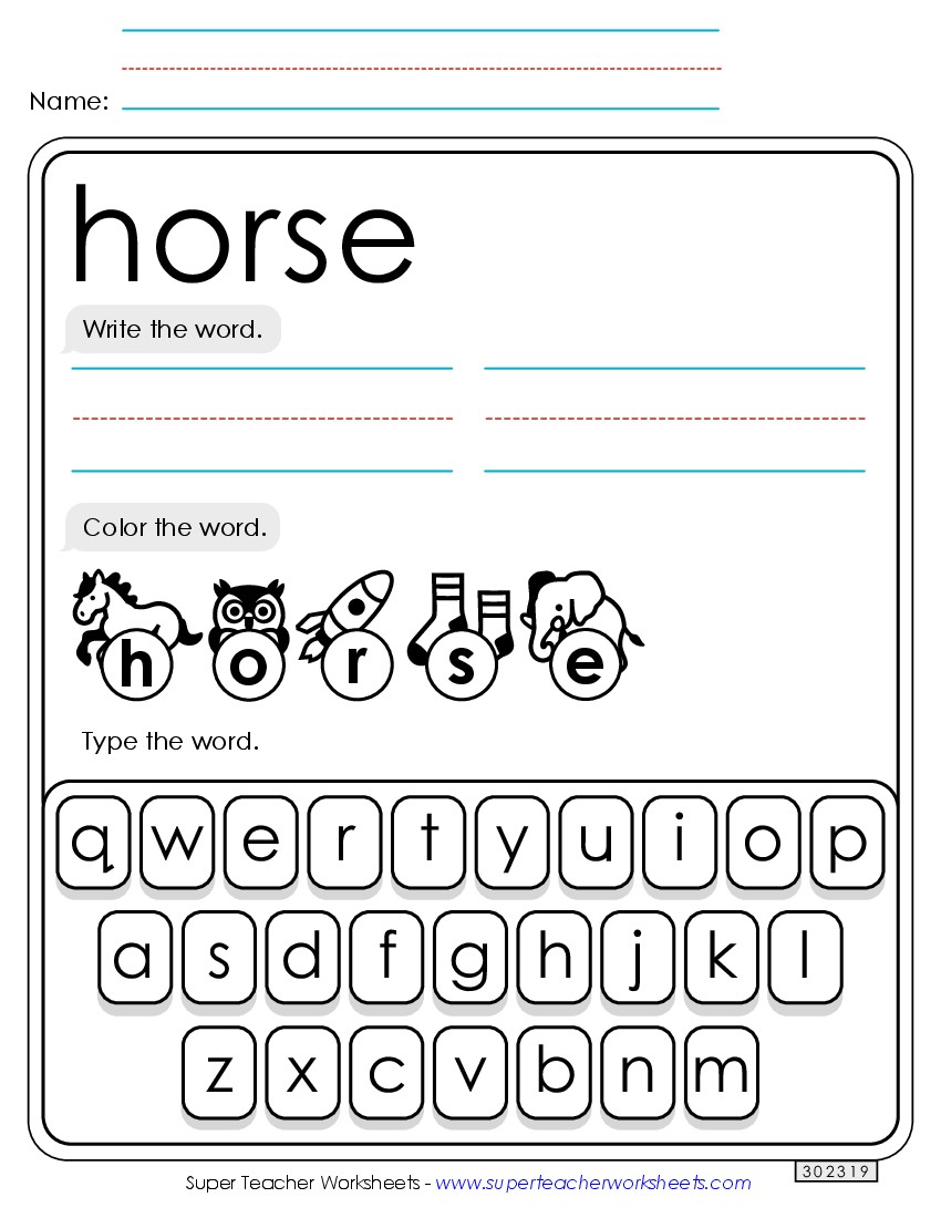 Write, Color, Type: Horse Sight Words Individual Worksheet