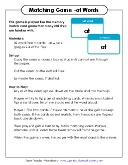 Memory Match Game (-at) Word Families Worksheet