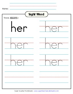 Trace the Word: Her Sight Words Individual Worksheet