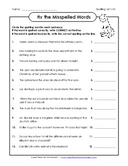 Fix the Misspelled Words (E-20) Spelling E Worksheet