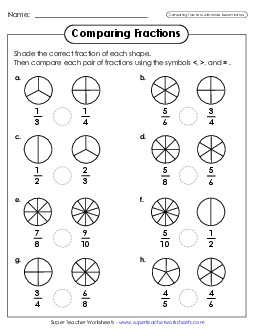 Comparing Fractions Circles (Different Denominators) Worksheet