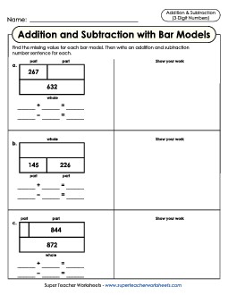 Addition-Subtraction Bar Models With Work Space Mixed Addition Subtraction Worksheet