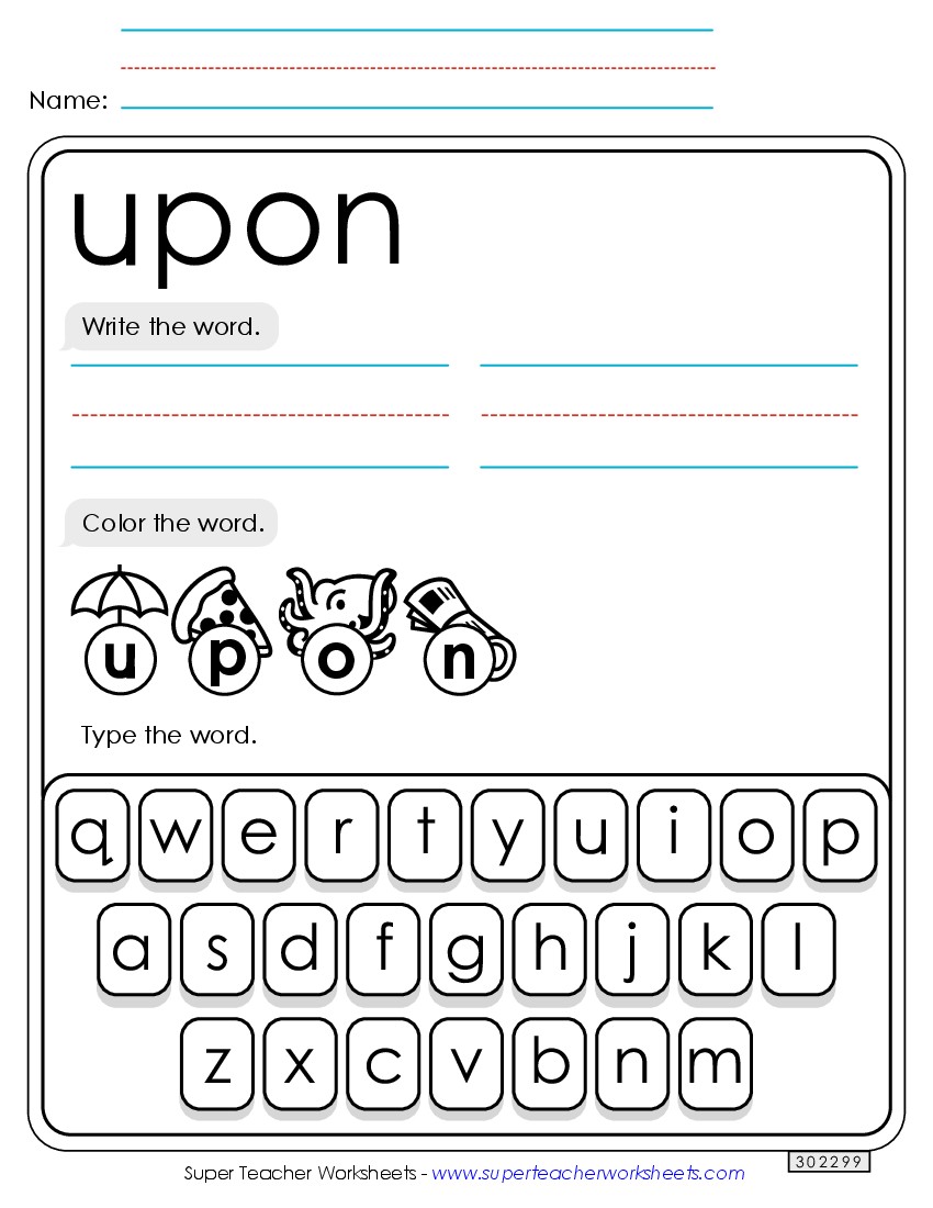 Write, Color, Type: Upon Sight Words Individual Worksheet