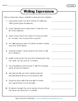 New Writing 2-Step Expressions with Variables Worksheet