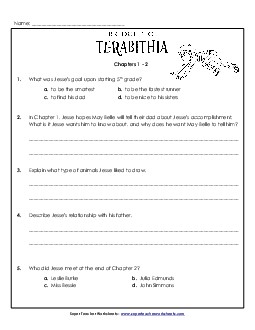 Questions for Chapters 1 and 2 Free Book Bridge To Terabithia Worksheet