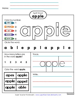 Worksheet 4: Apple Free Sight Words Individual Worksheet