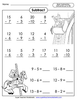 Basic Subtraction Facts: Theme Park Worksheet