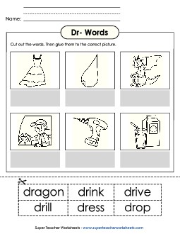 Cut and Glue (Dr- Words) Phonics Blends Worksheet