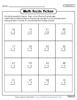 Math Puzzle Picture  (2-Digit Times 1-Digit Multiplication) Worksheet