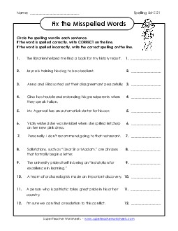 Fix the Misspelled Words (E-21)  Spelling E Worksheet