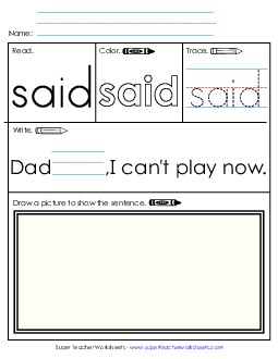 Worksheet 3: Said Sight Words Individual Worksheet