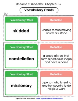 Vocabulary Cards for Chapters 1-5 Free Book Because Of Winn Dixie Worksheet