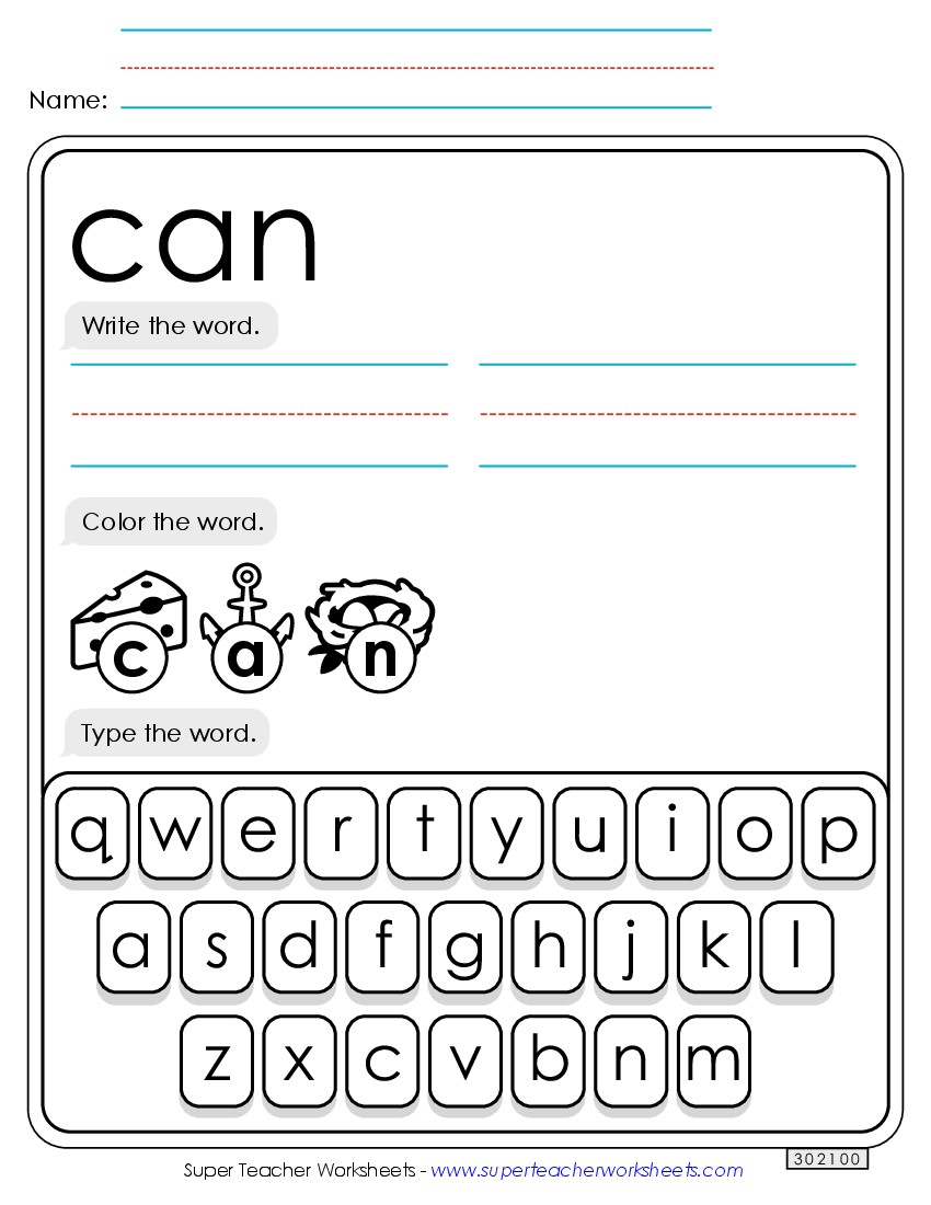 Write, Color, Type: Can Sight Words Individual Worksheet