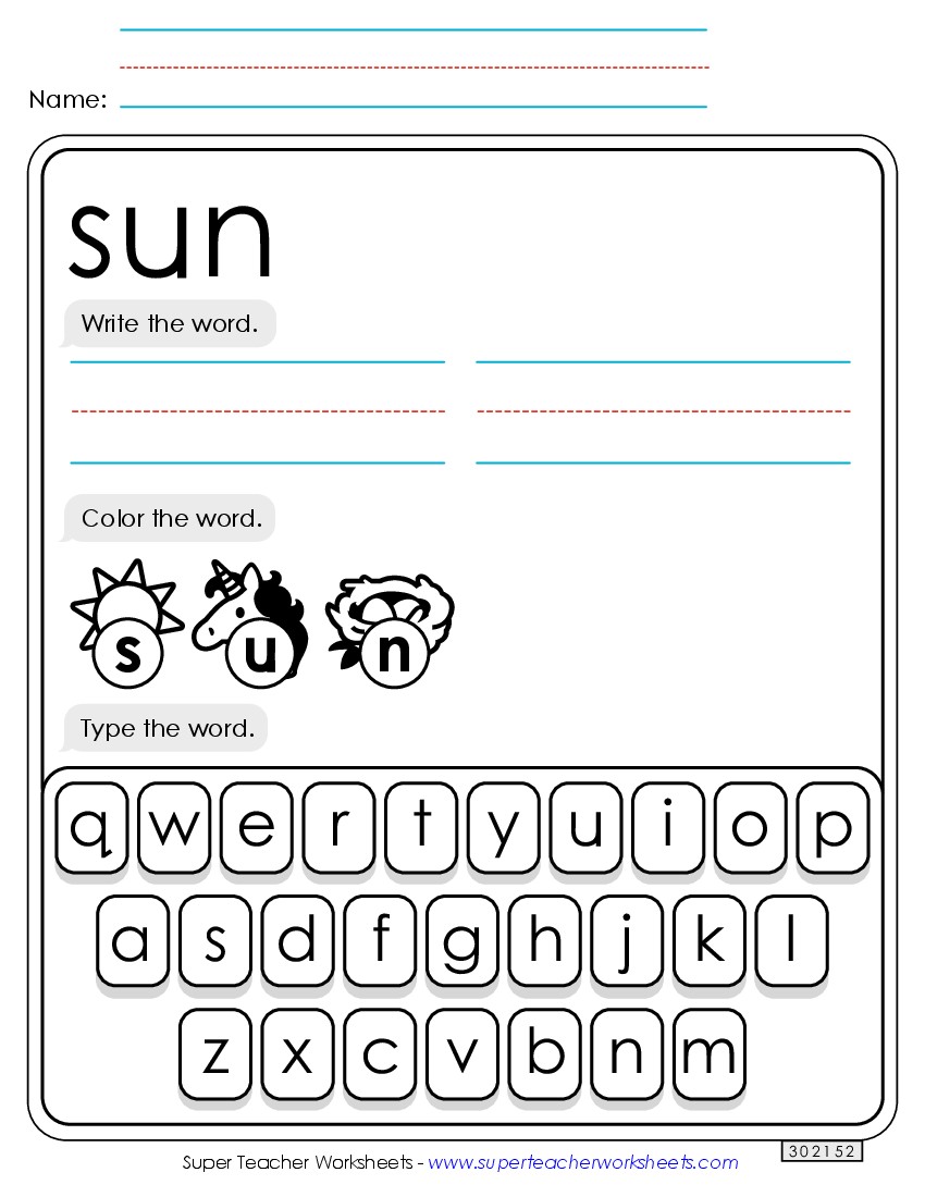 Write, Color, Type: Sun Sight Words Individual Worksheet