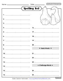 Spelling Test (Thanksgiving) Spelling F Worksheet