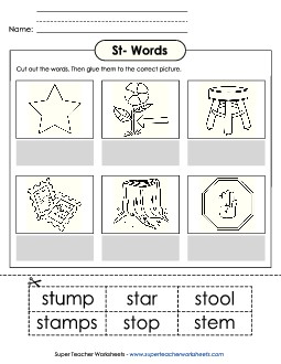 Cut and Glue (St- Words) Phonics Blends Worksheet