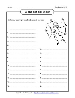 ABC Order: Write List (D-13) Spelling D Worksheet