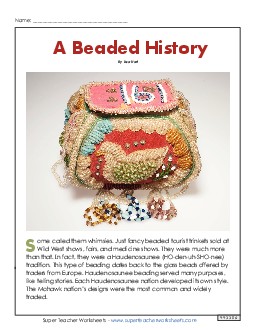 Haudenosaunee Beadwork 4th Grade Reading Comprehension Worksheet