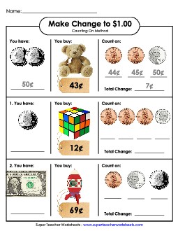 Making Change to $1 Counting On Method Free Counting Money Worksheet