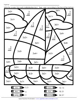 Sailboat Mystery Picture Multiplication Worksheet