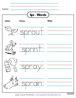 Trace and Write (Spr- Words) Phonics Blends Worksheet