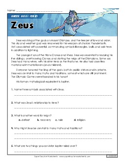 Greek Gods Series: Zeus Reading Comprehension Reading Comp Short Worksheet