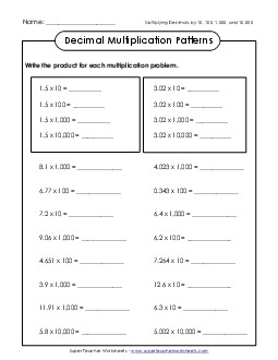 Decimal Multiplication Patterns (Thousandths) Worksheet