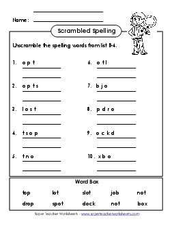 Unscramble the Words (B-4) Spelling B Worksheet