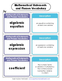 Math Statements and Phrases Vocab Cards Algebra Worksheet