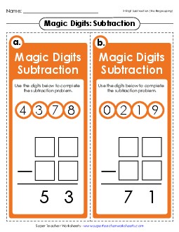 Magic Digits Game 2-Digit Subtraction (No Regrouping) Worksheet