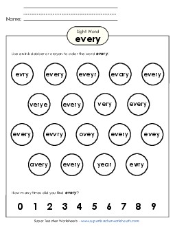 Dab or Color: Every Sight Words Individual Worksheet