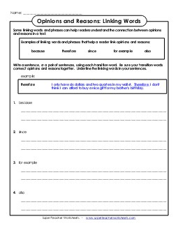 Linking Words: Opinion & Reasons Transition Words Worksheet