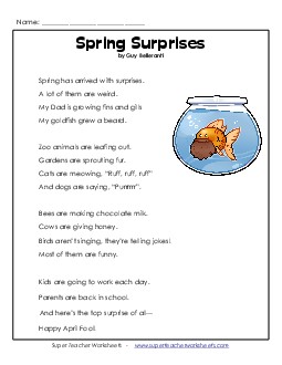 Spring Surprises  4th Grade Reading Comprehension Worksheet