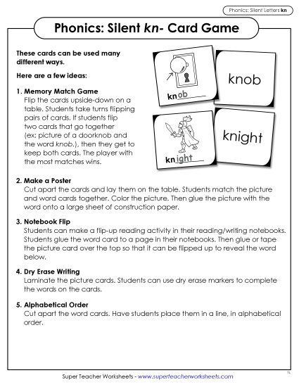 New Silent Kn- Card Game Worksheet New Silent Kn- Card Game Worksheet