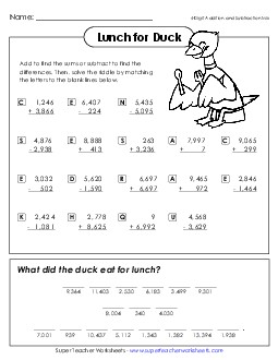 Math Riddle: Duck (4 Digit Add & Subtract) Addition Worksheet