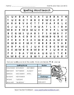 Spelling Word Search (C-Months and Days)  Spelling C Worksheet