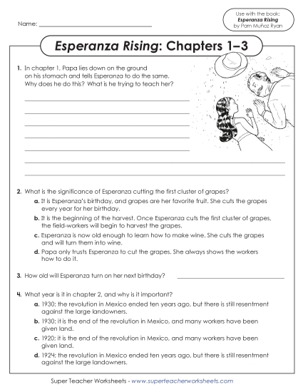New Questions for Chapters 1–3 (Esperanza Rising) Worksheet New Questions for Chapters 1–3 (Esperanza Rising) Worksheet